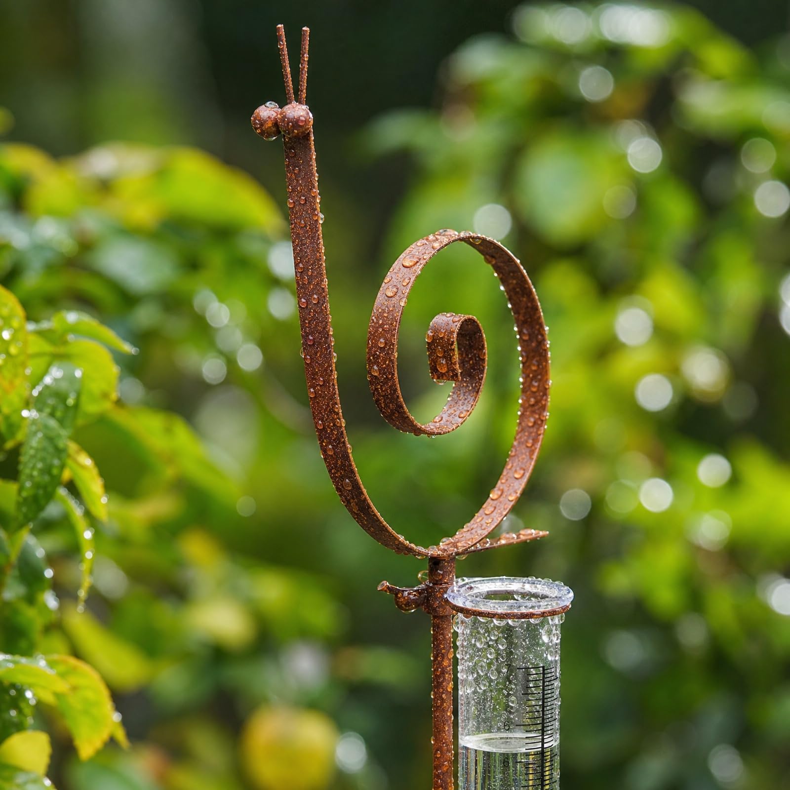 Gartenstecker Rost Regenmesser Schnecke, Gartendeko für Draußen Wetterfest Edelrost Niederschlagsmesser mit Messglas, Rustikale Gartendeko Rost Metall Tierfigur für Beet Balkon Rasen, 93cm (A)