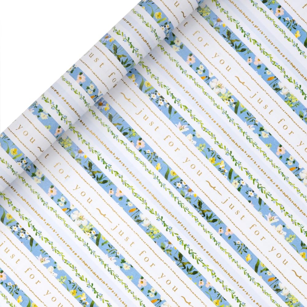 Glick - Meadow Whisper Just for You Wrapping Paper Roll, for Birthdays and Other Celebrations, Gift Wrapping, Arts & Crafts, 4 metres x 70 cm, Blue, White & Green
