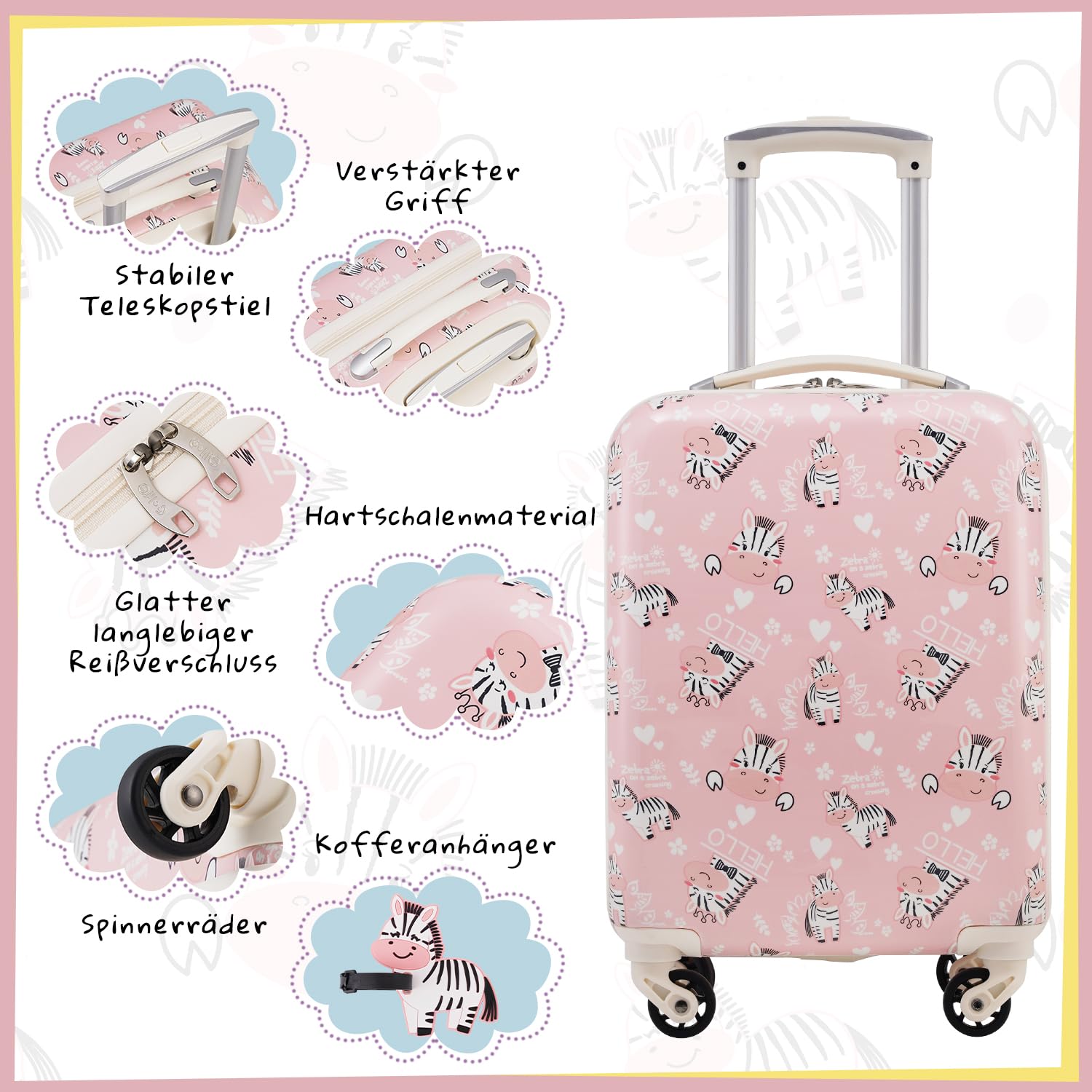 COOLIFE Ensemble de Bagages pour Enfants, Lot de 5 valises, 16 Pouces, Bagage à Main, Coque Rigide, Valise à roulettes, Bagages pour Nourrissons (zèbre, Ensemble de 5 valises)
