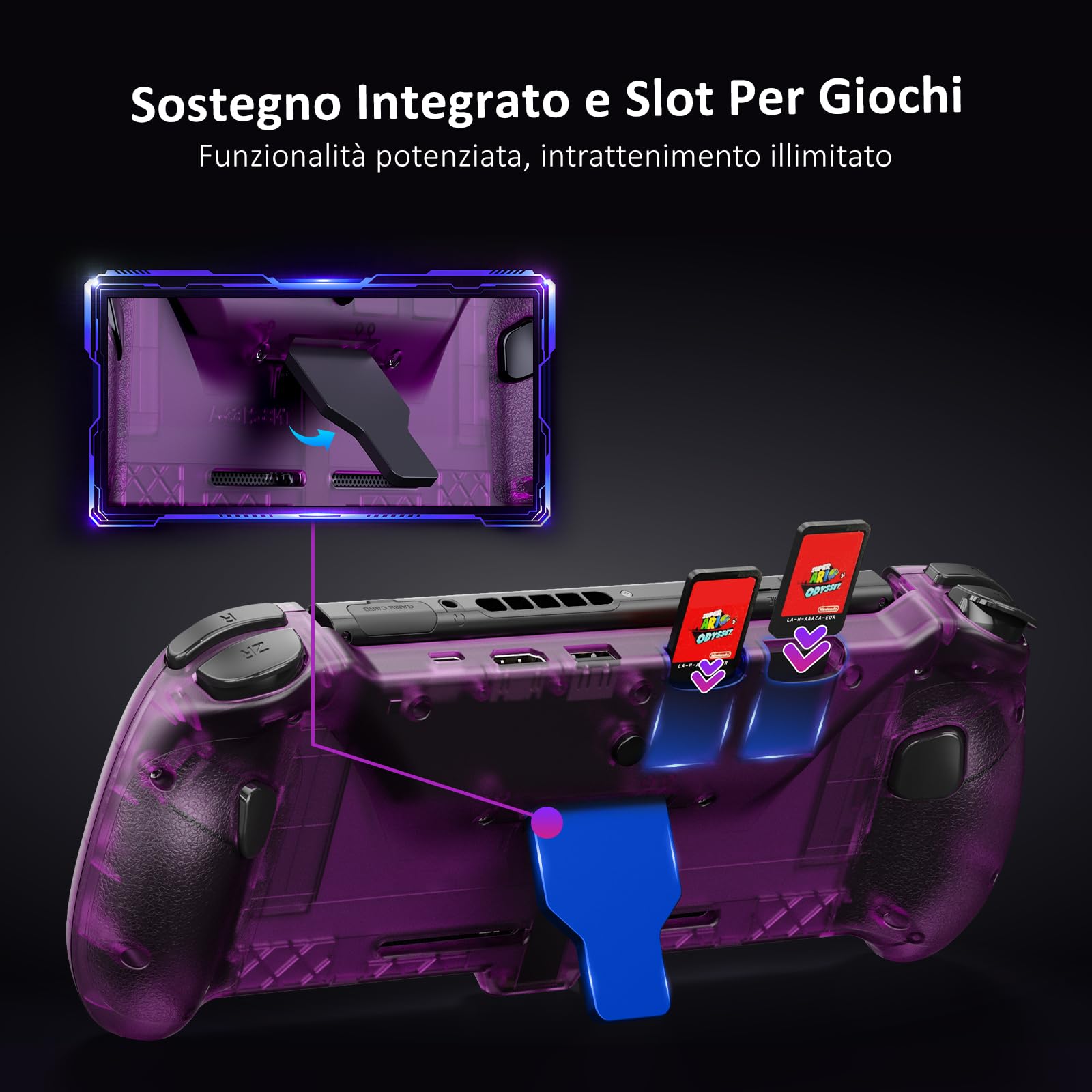 NexiGo Gripcon con Hall Effect, Supporto e Uscita HDMI per Dock TV, Joystick a Sensore Hall per Switch/Switch OLED, modalità Portatile, HDMI Supportato 4K/1080P e Porta USB 3.0, Viola