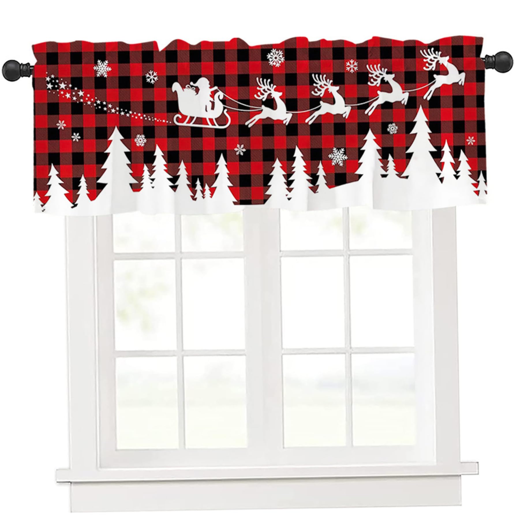 CAKEEYUM Christmas Curtains 54x18in Buffalo Plaid Santa with Sled Window Valance Clear Pattern Festive Christmas Decorations Indoor Kitchen Curtains, Kitchen Valance, for Livin