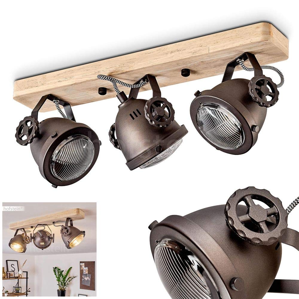 HOFSTEIN Deckenleuchte Herford, verstellbare Deckenlampe aus Metall/Holz/Glas in Natur/Braun/Klar, Leuchte im Industrial/Retro/Vinntage-Design, 3 x GU10, Esszimmmer, Schlafzimmer, Wohnzimmer, Küche