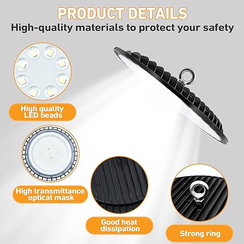 Miniatura 3 de 10 piezas de luz LED UFO de alta bahía de 150 W, iluminación comercial impermeable, luz diurna 6000-6500 K, 16500 lm con cable de alimentación,