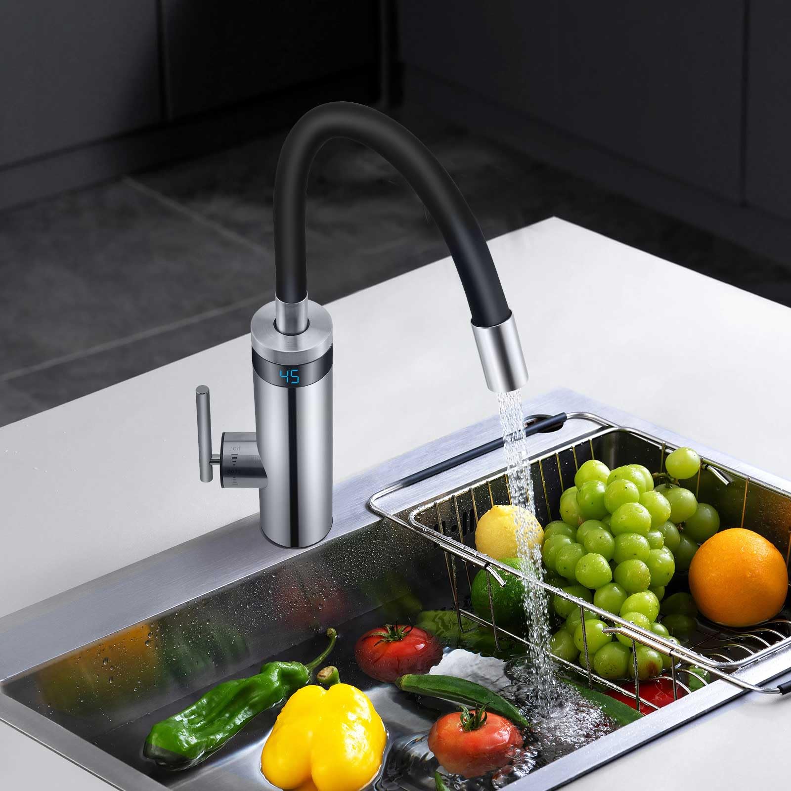 Robinet Électrique avec Chauffe-eau Instantané, 3000w Robinet Chauffant en Acier Inoxydable, Сhauffe-Eau de Cuisine Avec Col Flexible et Affichage de la Température, pour Cuisine, Salle de Bain