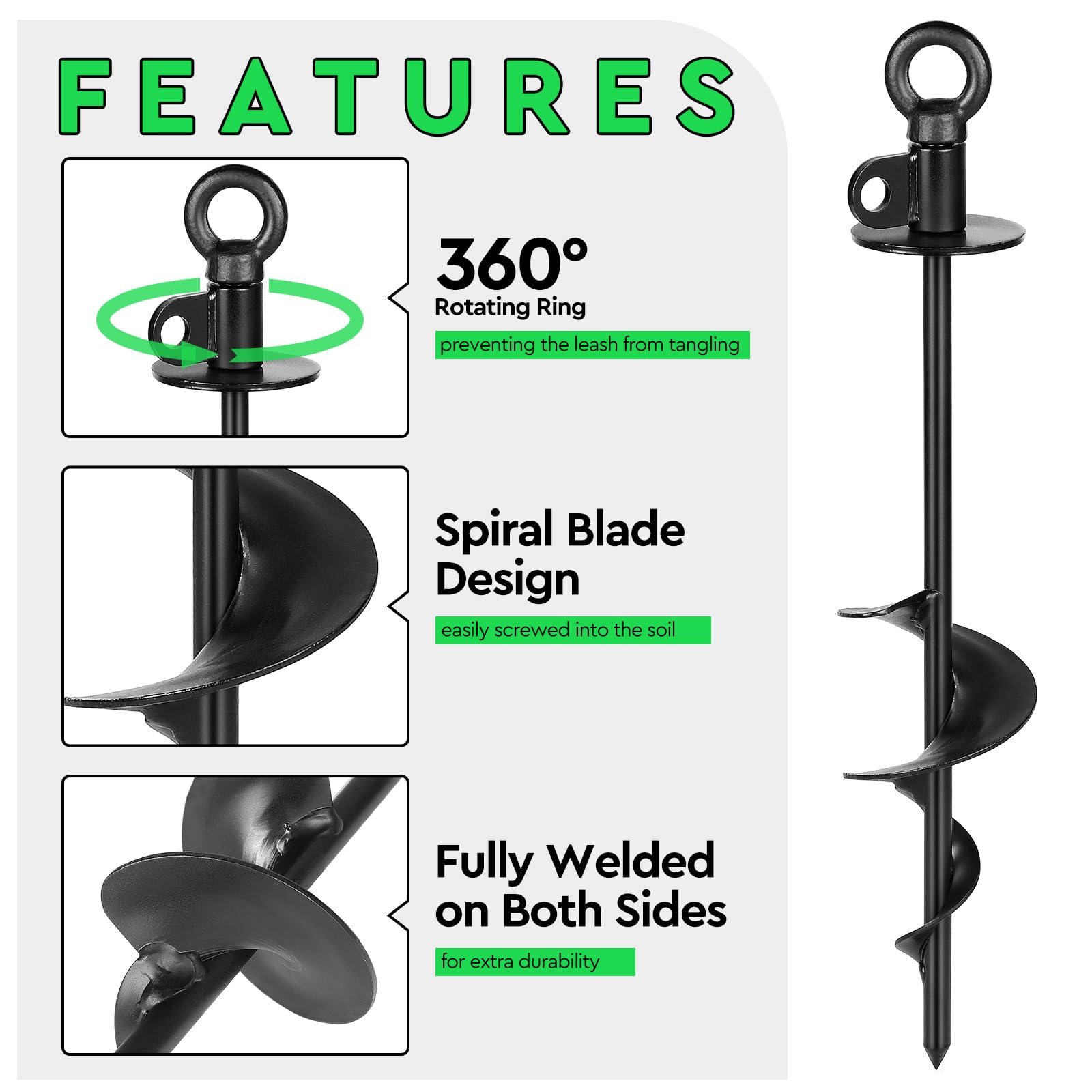 SWAWIS Piquet d'attache pour Chien Noir 38cm avec Anneau Rotatif à 360°, pour Chiens Pesant Moins de 100kg, avec Brosse de Nettoyage et Levier, pour Camping Plage Pelouse, sans Enchevêtrement