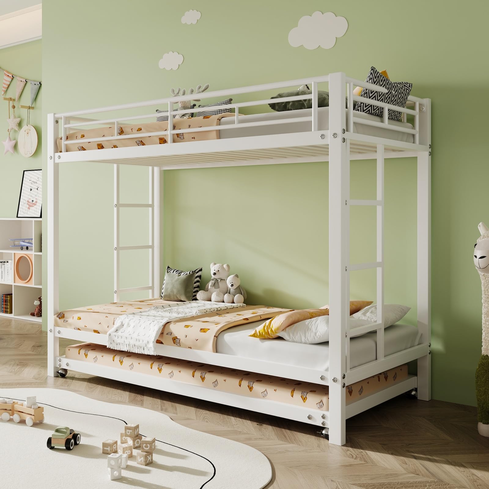 YEHTOKHOME Litera de 3 plazas 90 x 190 de metal con cama Gigogne, Convertible en 3 camas individuales, escalera antideslizante, barreras de seguridad, para adolescentes (sin colchón)(blanco, C)