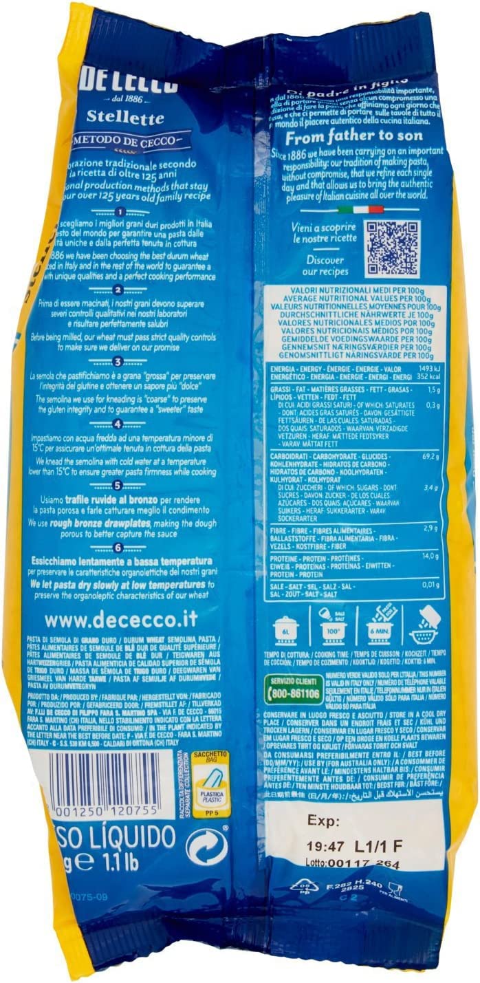 20 x De Cecco Pasta 100% Italiano Paleta n° 75 Pasta Corta 500g
