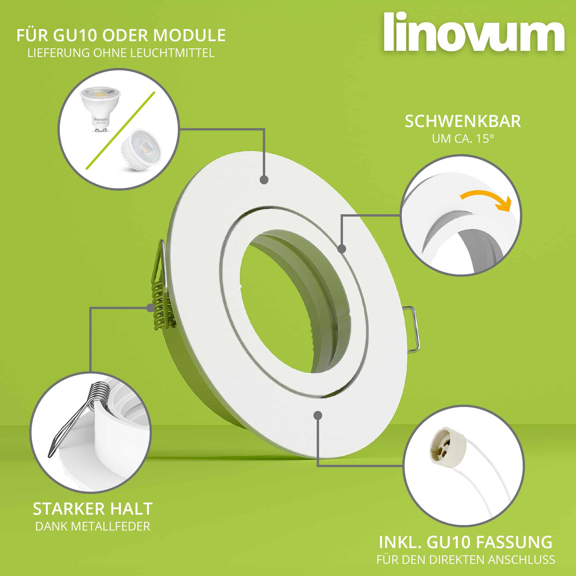 Linovum® - Foco redondo orientable con marco blanco y acero inoxidable