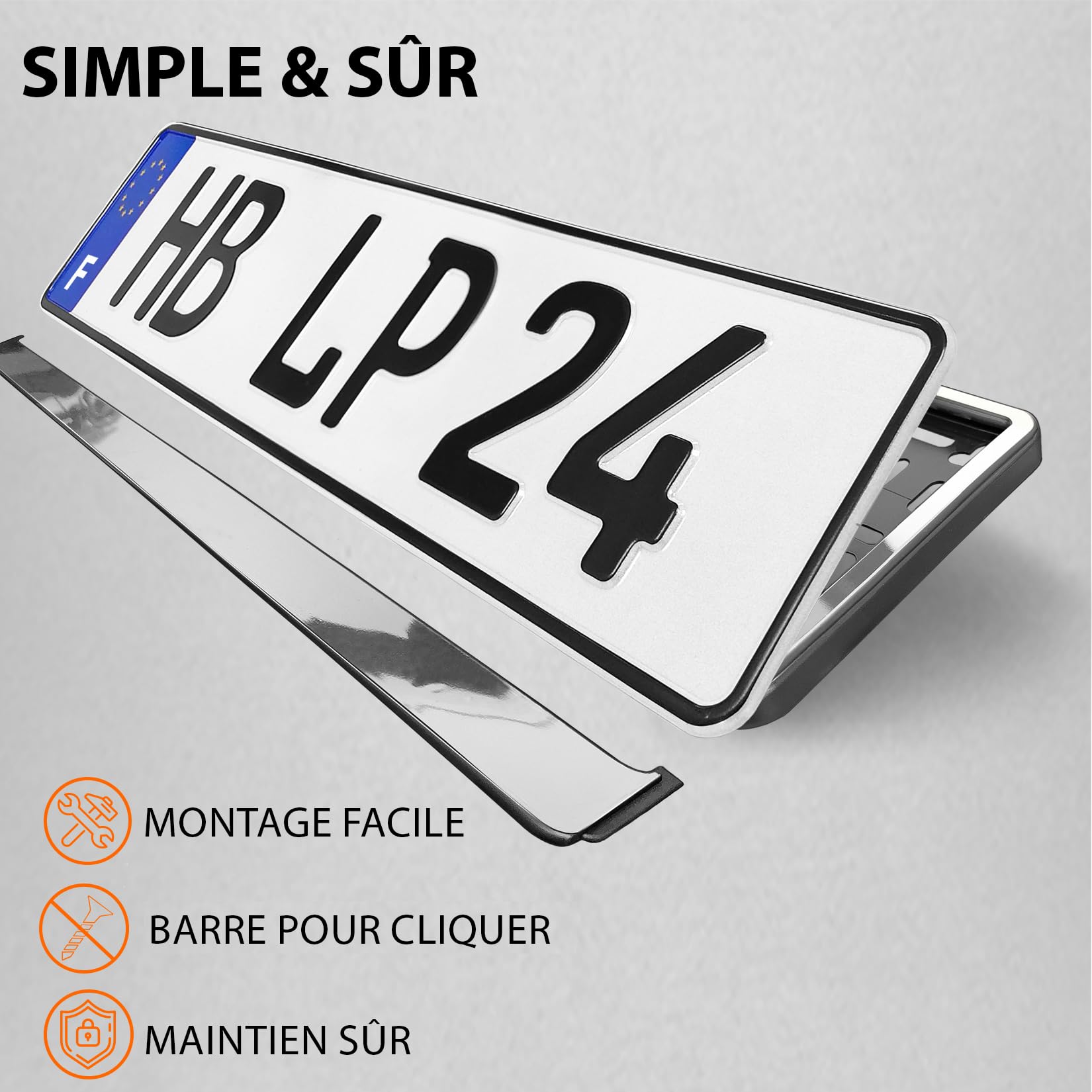 Support Plaque Immatriculation Voiture - [Simple, Durable et sur] - Lot de 2 avec 8 Vis - 520x110 mm - Optique Chrome - Auto Porte Plaque Immatriculation adapté pour Toute Voiture - Fixation Plaque