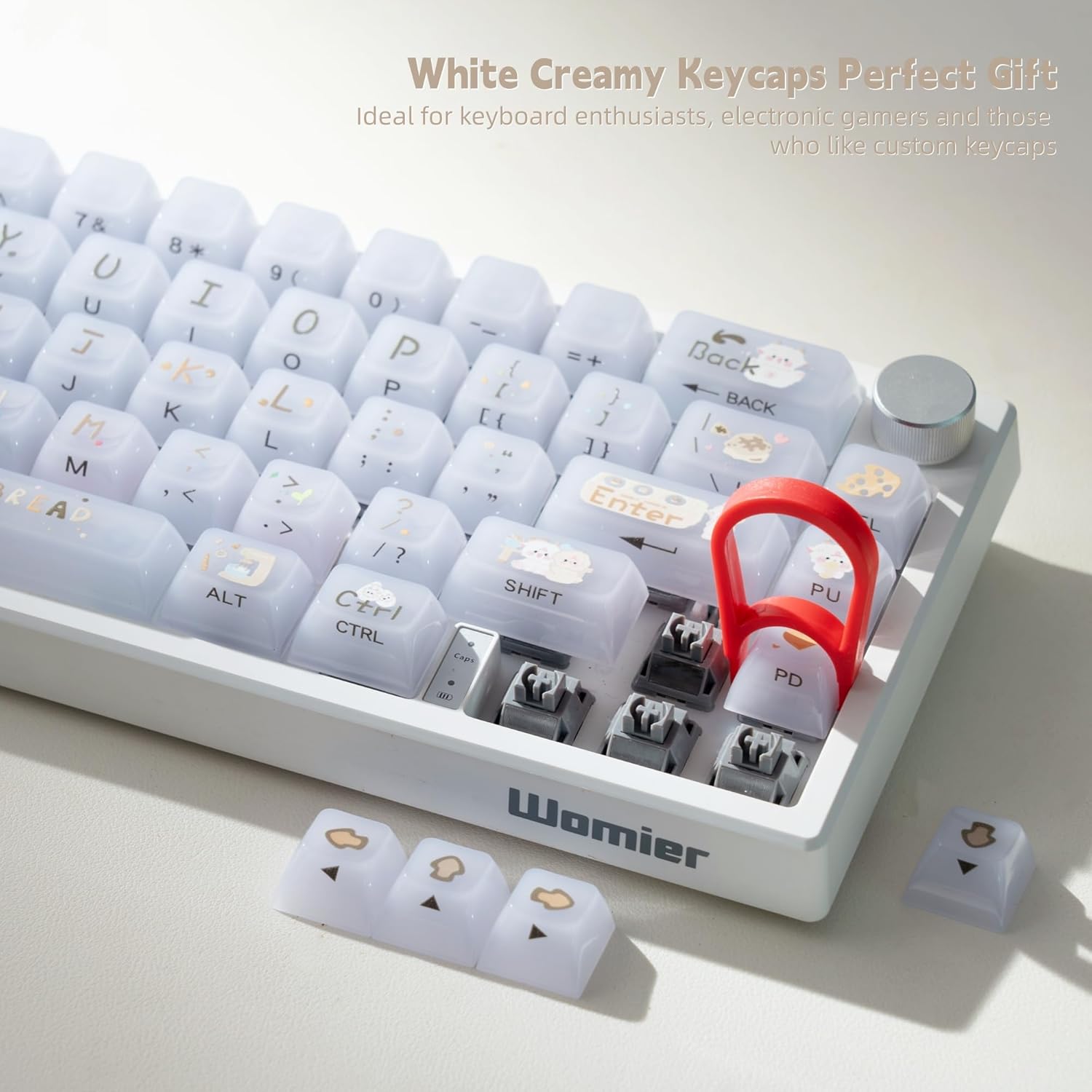 Womier Keyboard Keycaps Jelly, White Ceramic Keycaps Style, Cake Sheep Key Cap Transparent Side Printing Custom 60 65 75 100 Percent for Cherry MX,Gateron Mechanical Keyboards,MDA Profile