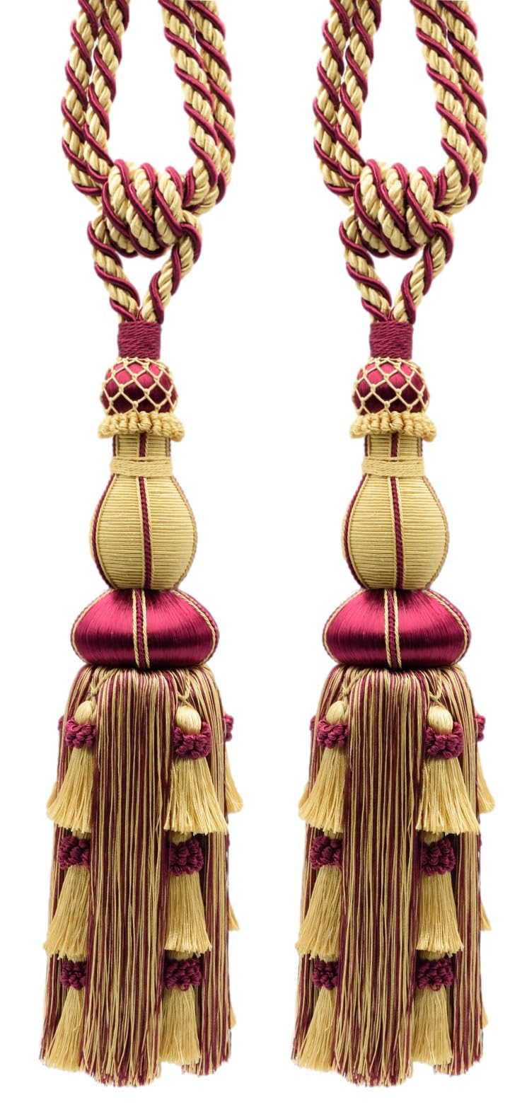 Alzapaños de cortina elegantes #TBAX12 cordón de 76 cm artesanía premium borgoña y oro amarillo