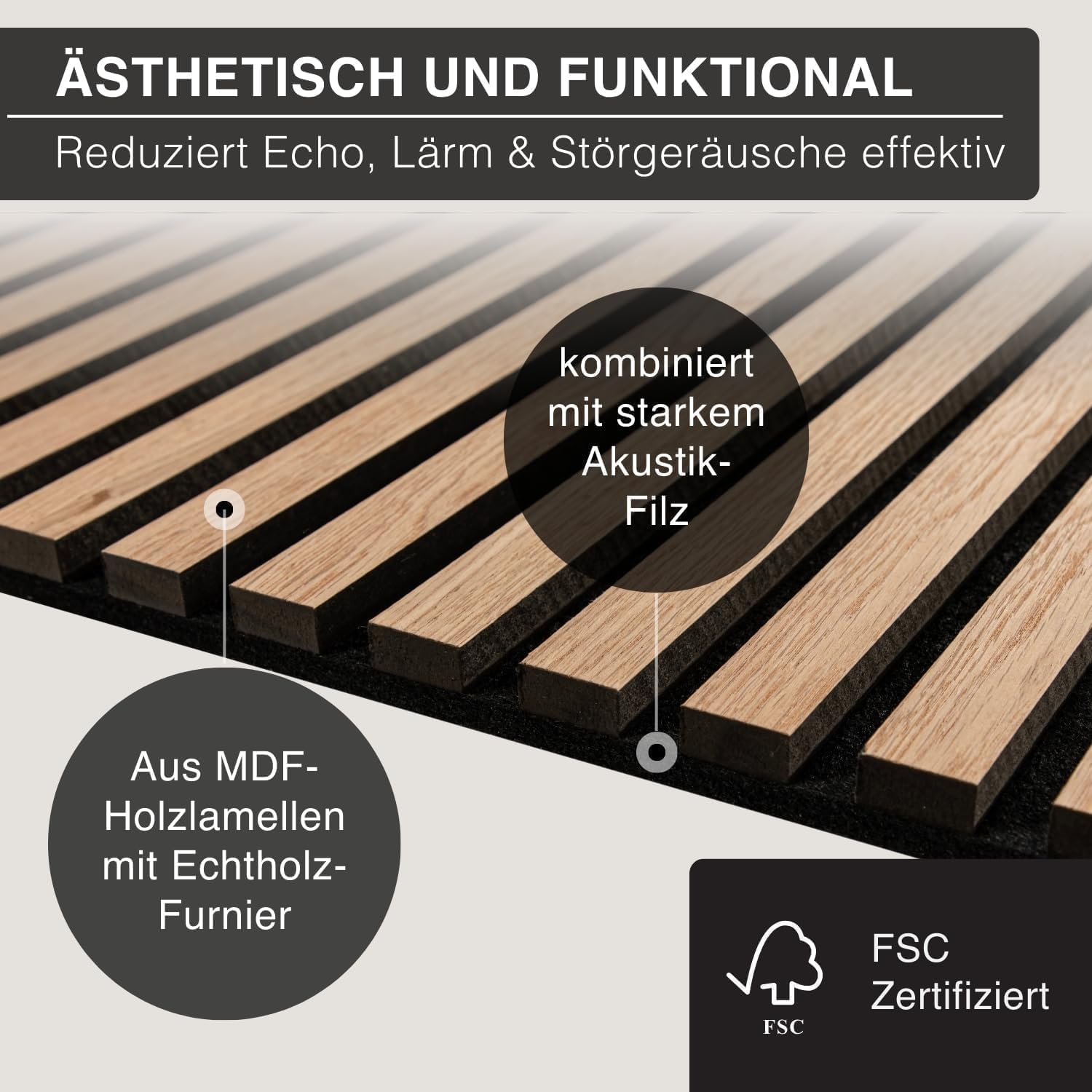 4er Set Akustikpaneele Holz 120x60 cm – extra dick 2,1 cm I Holzpaneele mit Echtholz-Furnier für akustische Schallabsorption & optimale Raumakustik I Wandpaneele Holz in Eiche Royal