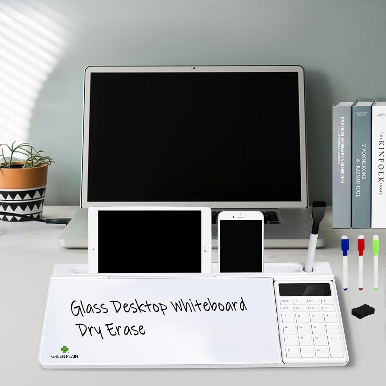 Green Plain. Desktop Glass Whiteboard with Calculator. Perfect Desk Board Buddy for Home, Office and School. Desktop Organizer. Glass Dry Erase Board with Storage Compartment. Keyboard Stand.