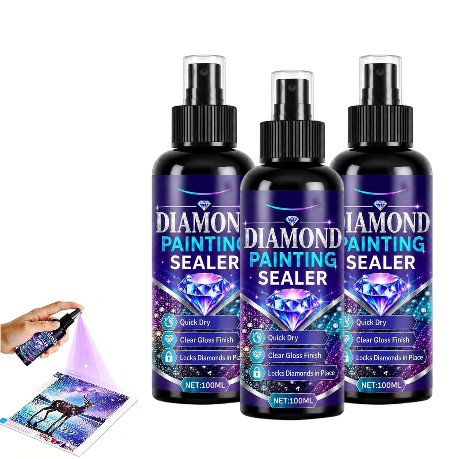 Diamond Painting Sealer Spray, Diamond Art Sealer – Locks Beads, Quick Dry Gloss Finish Sealant, Lasts & Secure Fixing, Clear Protective Coating to Secure Drills for Art Puzzles (3PCS*100ml)