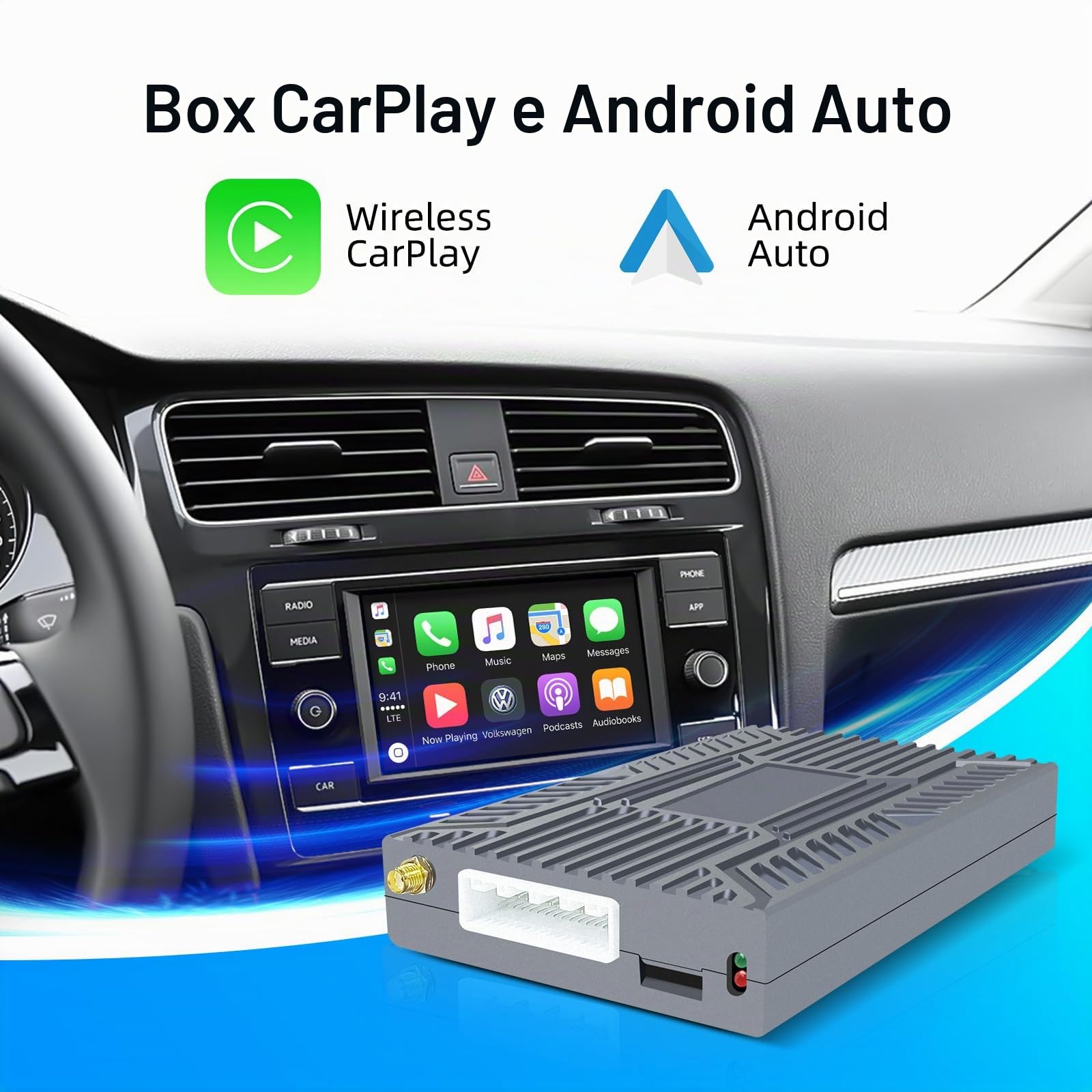 Decoder Box CarPlay per VW Seat Skoda MIB2 con Android Auto e Navigazione | Compatibile con Tiguan Lamando Magotan Teramont Phideon controllo sterzo Bluetooth GPS e sistema originale senza perdita