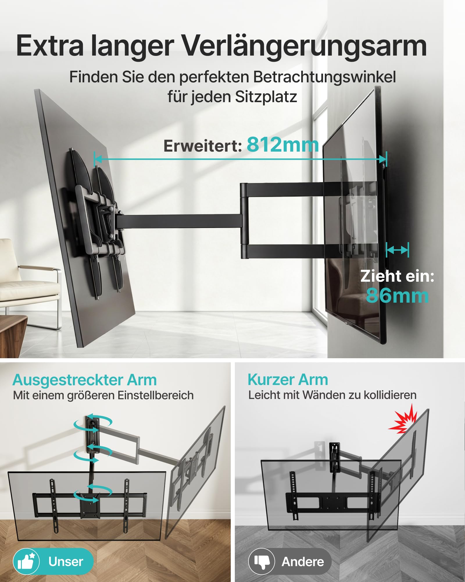 PEGZONE Soporte TV Pared Brazo Largo 86-812 mm 37-86", hasta 50 kg | Soporte para TV orientable e inclinable, VESA máx. 600x400, gestión de cables, compatible con TV LED, LCD y OLED