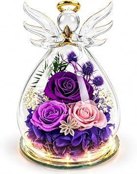Purple Rose Birthday Gifts for Women | Forever Rose in Glass | Flowers for Delivery Prime | Preserved Rose Angel Figurine Gifts for Mom Grandma from Daughter