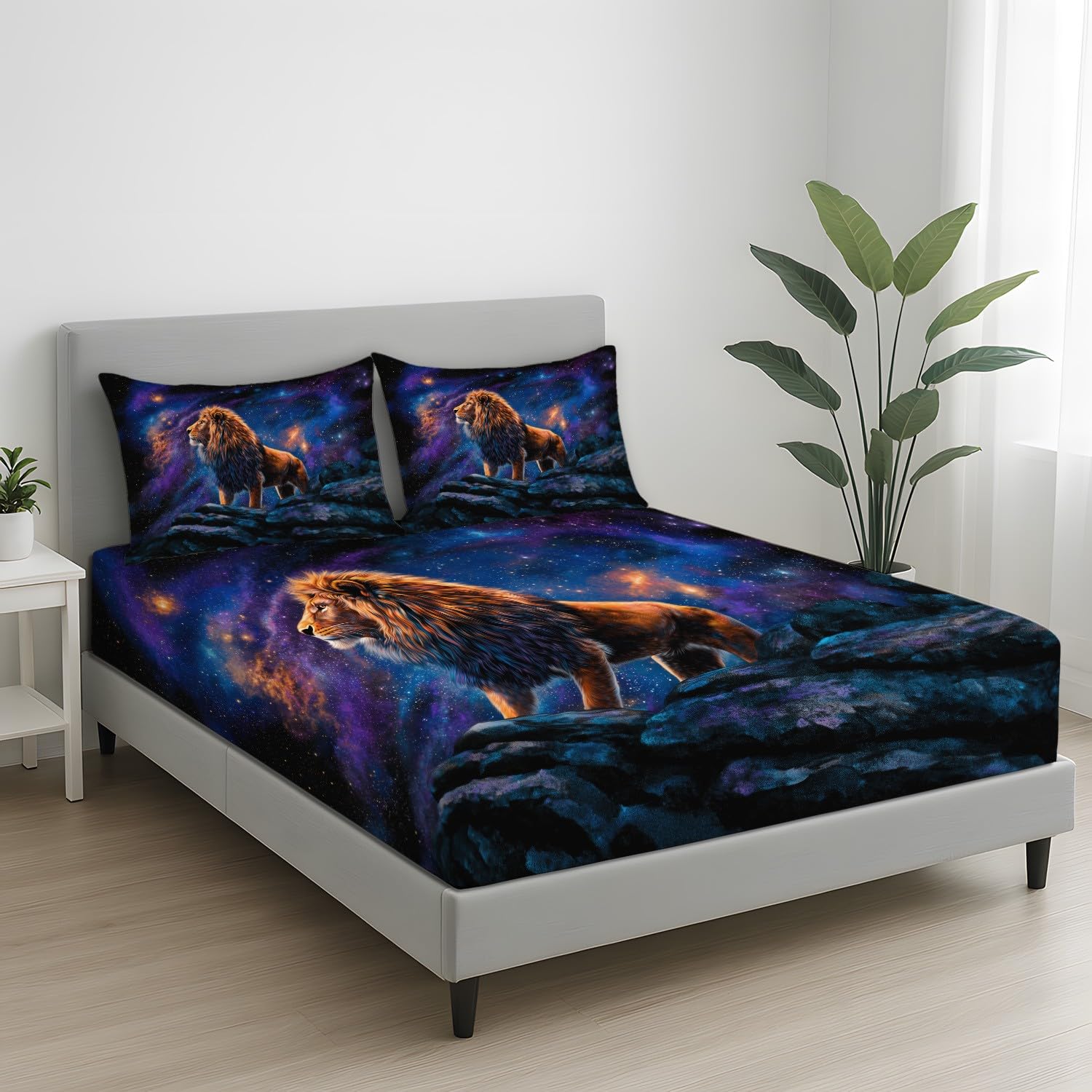 Fantasie Tier Spannbetttuch Löwe Sternenhimmel Nebelwolke Spannbettlaken 200 x 200 x 30 cm 3teilig Mikrofaser Bettwäsche Set mit 2 Kissenbezüge 80 x 80 cm Kein Flachbettlaken