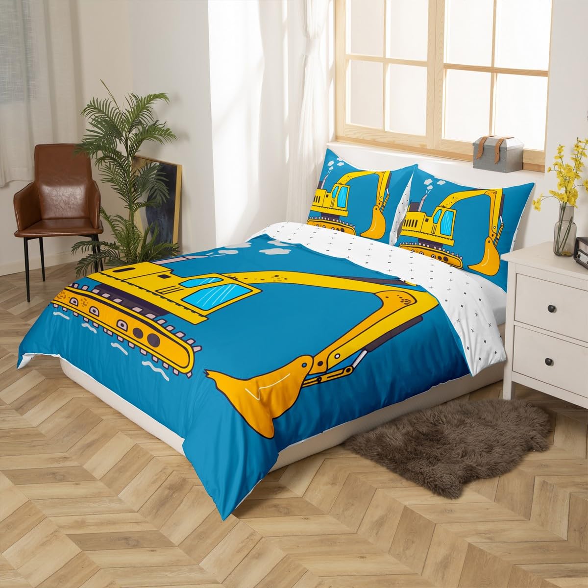 Erosebridal Excavator Bedding Set Cartoon Duvet Cover for Child Boys Girls Teens,Construction Comforter Cover Vehicles Quilt Cover Kids Car Theme Room Bedroom Decor Twin Size Yellow Blue