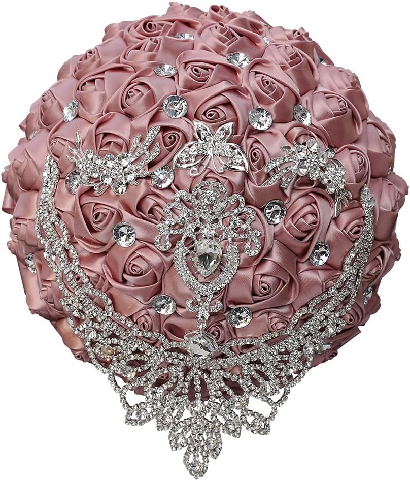 Sharebeauty 7.1 Inch Handmade Satin Rose Bridal Bouquet Toss Round Wedding Bouquet Throw Toss Artificial Flower Bunch Light Purple