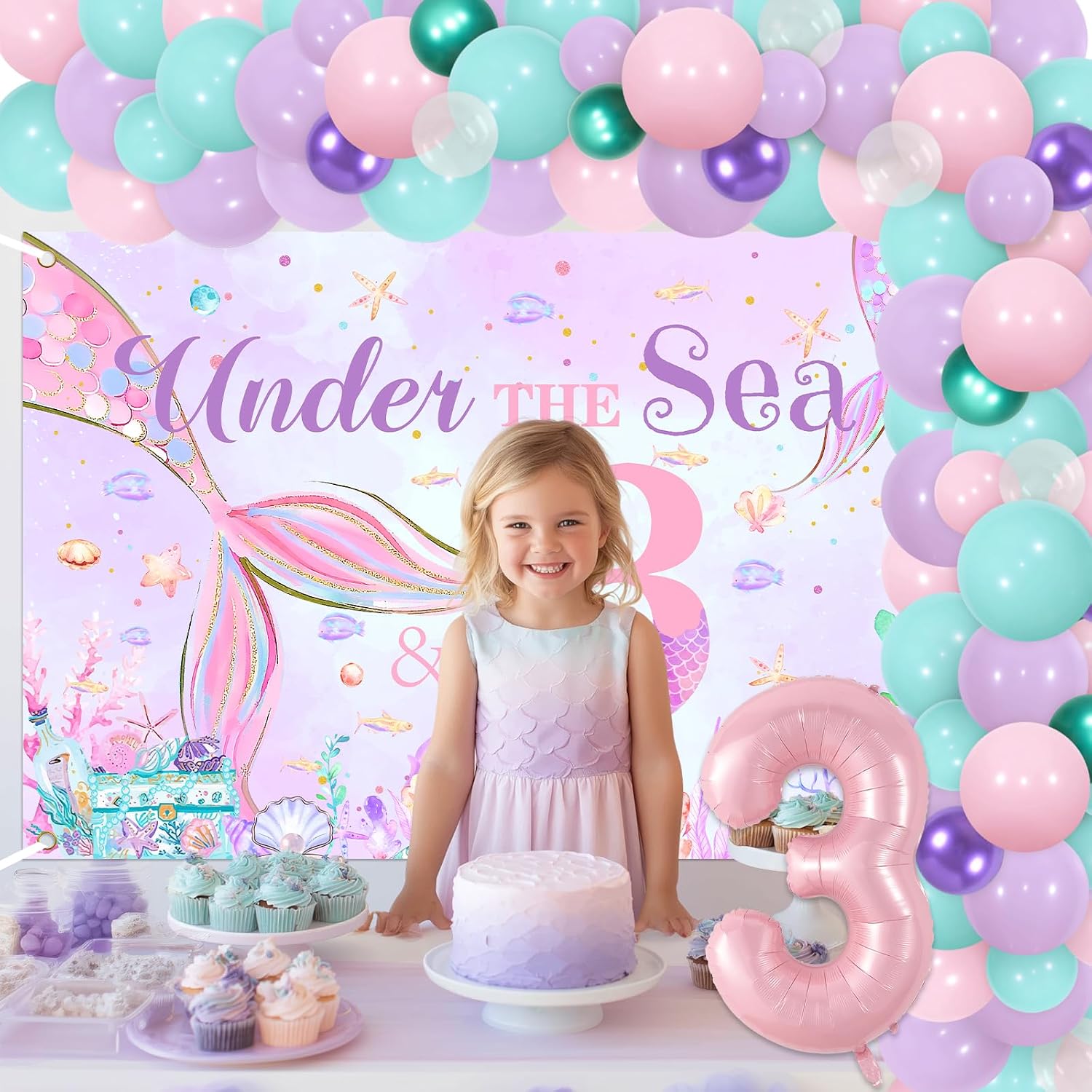 Mermaid 3rd Birthday Party Decorations Three Under the Sea Backdrop Pink Purple Balloon Garland Kit Number 3 Foil Balloon Little Mermaid Pearl Shell Backdrop for Girls Sea themed 3rd Birthday Supplies