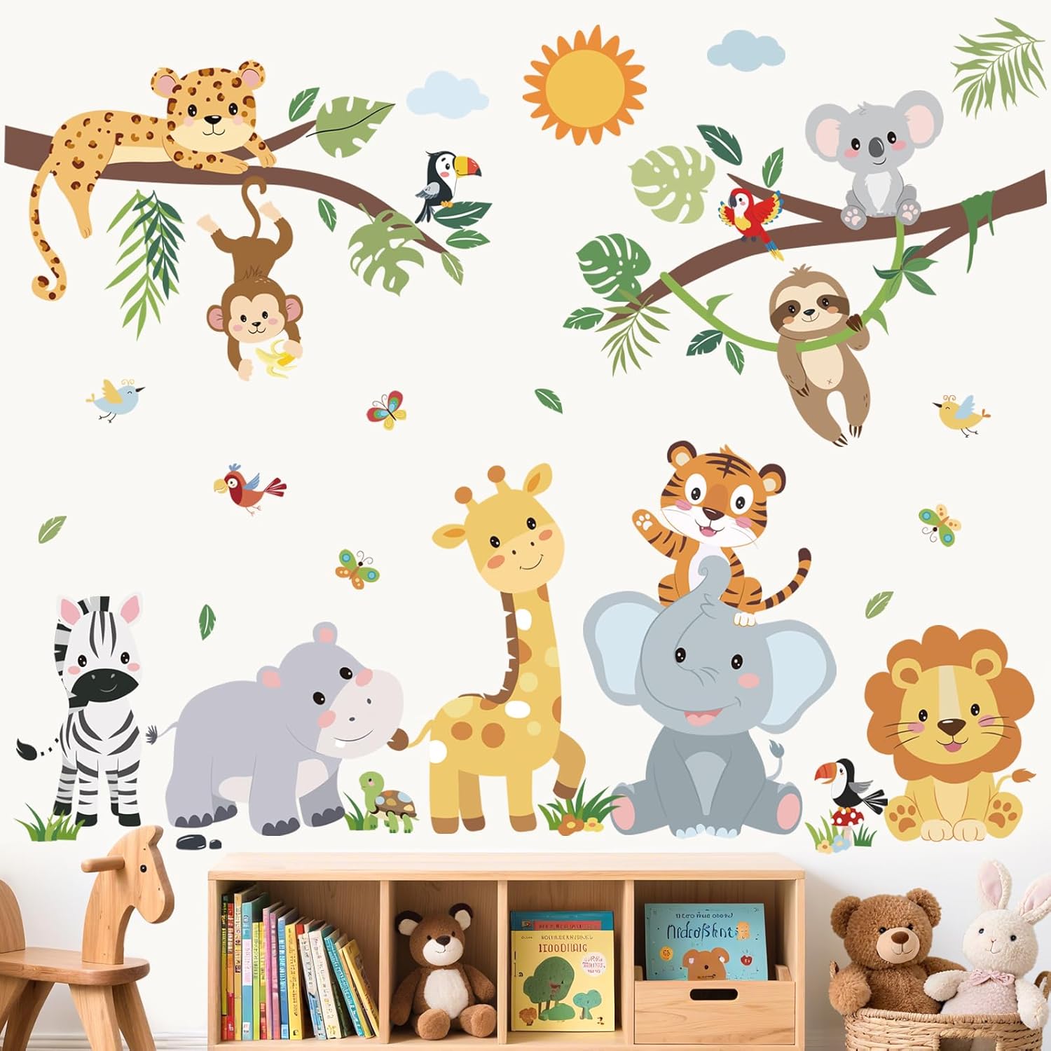 decalmile Safari Animals Wall Stickers Jungle Tree Branch Giraffe Elephant Wall Decals Baby Nursery Kids Bedroom Playroom Home Decor
