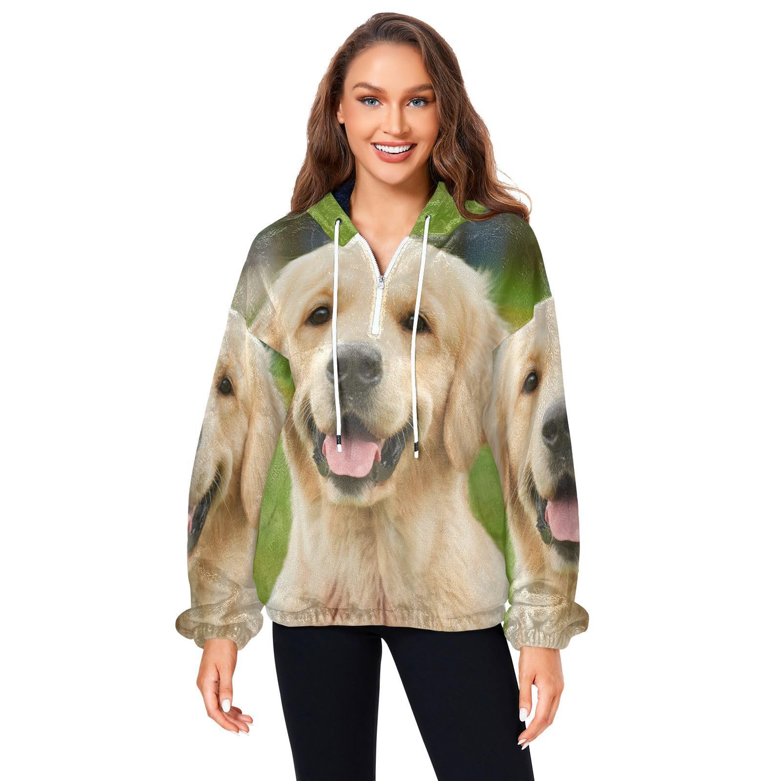 LinomoWomens Girls Hoodie Golden Retriever Fluffy Fleece Sweaters Jumper Pullover 1/4 Zip Hoodies Hooded Sweatshirt