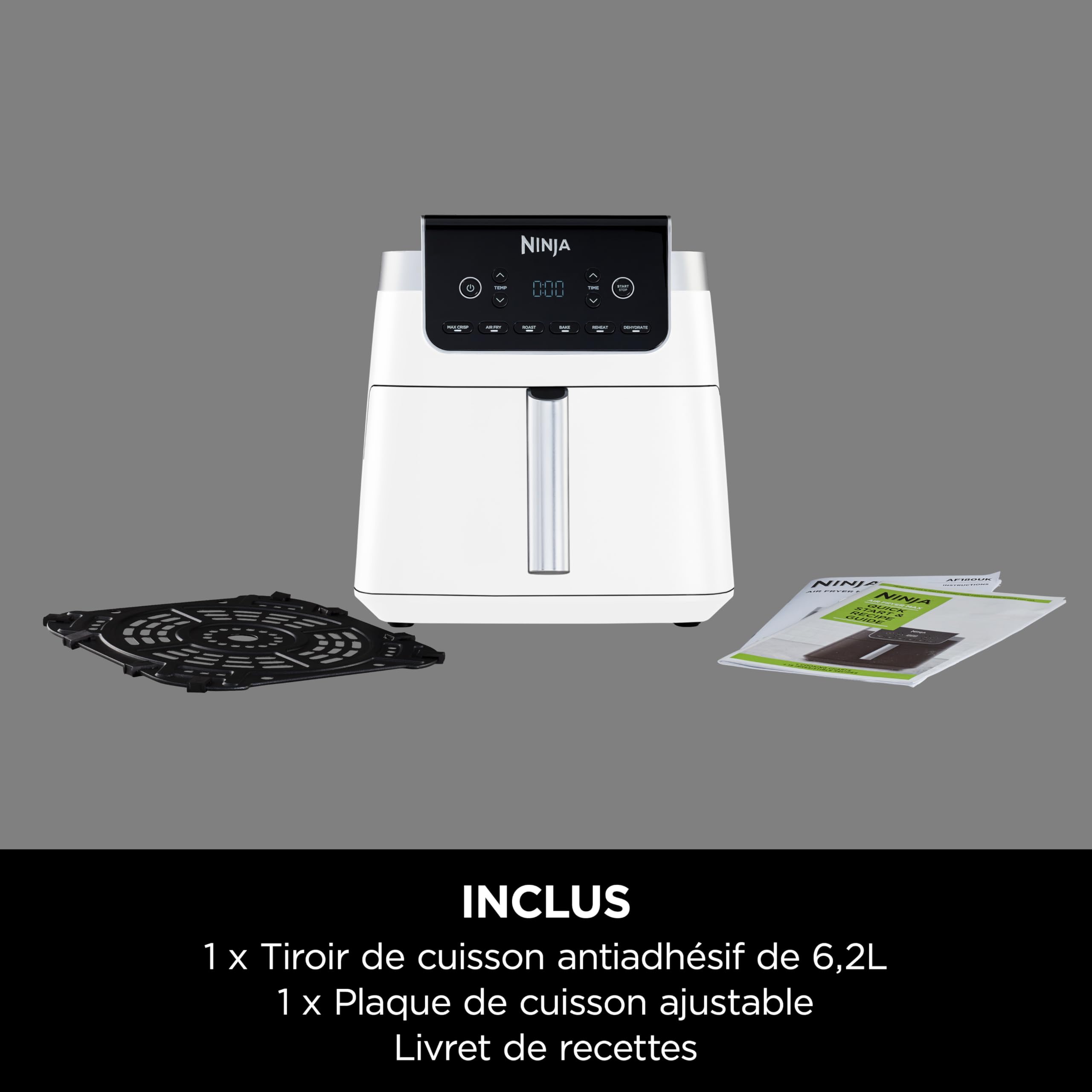 Ninja Air Fryer MAX PRO, 6.2L, sans huile, grand tiroir, rôtir AF180EUWH | cuire, frire, familial, numérique, panier et plaque de cuisson compatibles lave-vaisselle, Blanc