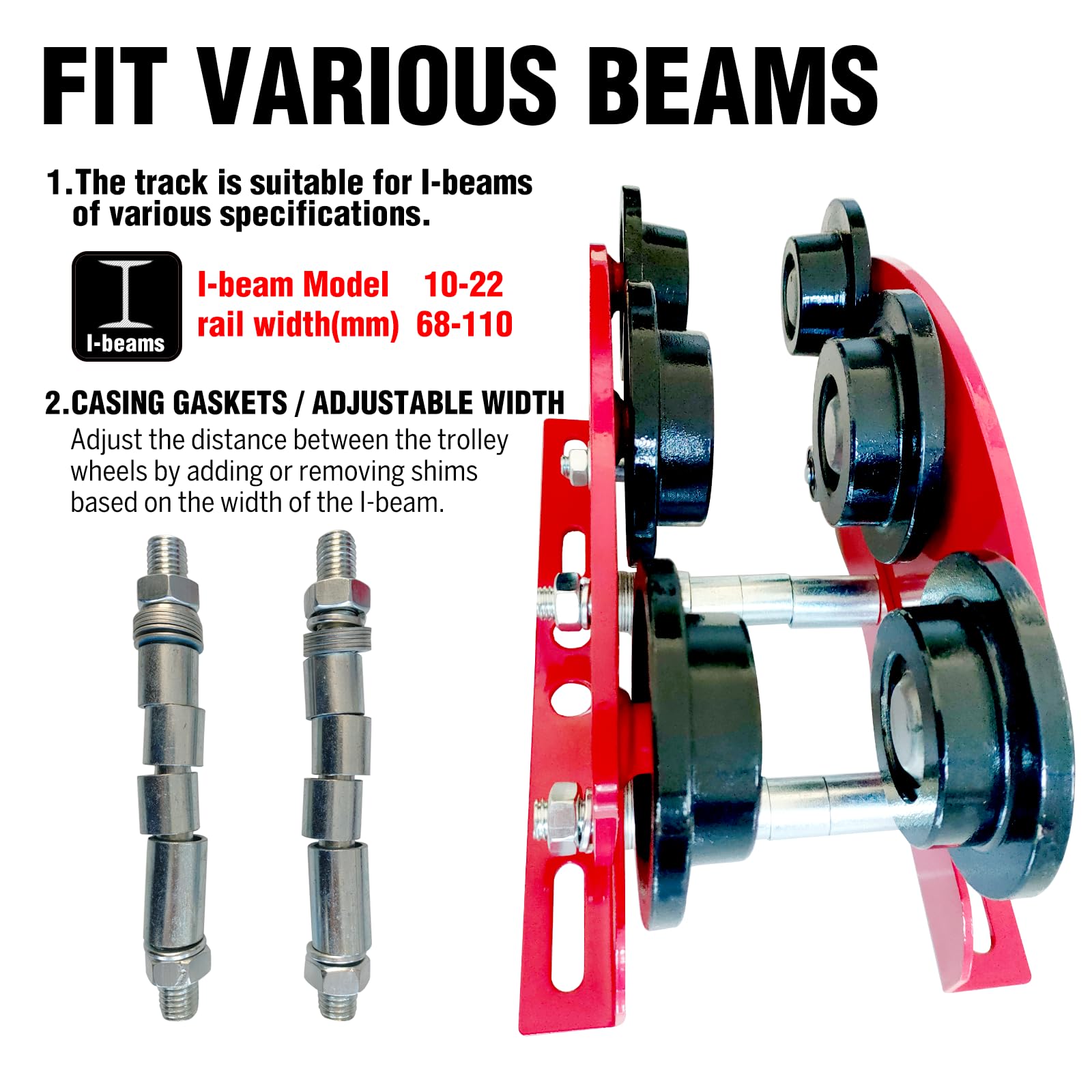 Carrello manuale per I-Beam 997,9 kg con 6 ruote resistenti, con innesti a spinta per paranco elettrico PA200 a PA1000, flangia regolabile da 6,8 cm a 11 cm per sollevamento, capacità di carico di 1