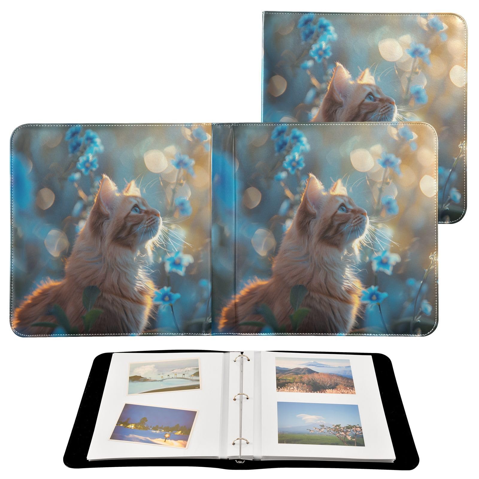 JIPONI Flowers with Beautiful Cat Large Photo Album, DIY Leather Cover Scrapbook Albums for 4x6 5x7 6x8 Pictures, Self Adhesive Memory Book for Wedding, Baby, Family
