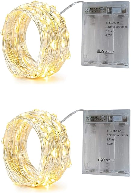 BXROIU [2 Pack 50 LEDs Fairy Lights Battery with Timer 3 Mode Silver Wire Chains String Lights for Bedroom Christmas Party Wedding Decoration (Warm White, 5 Meter)