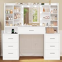 TEENFON Large Makeup Vanity with Mirror - 10 LED Lights, 3 Colors + Dimmable Brightness, 7 Drawers + 8 Open Shelves, Makeup Table with Plug, Modern Design White