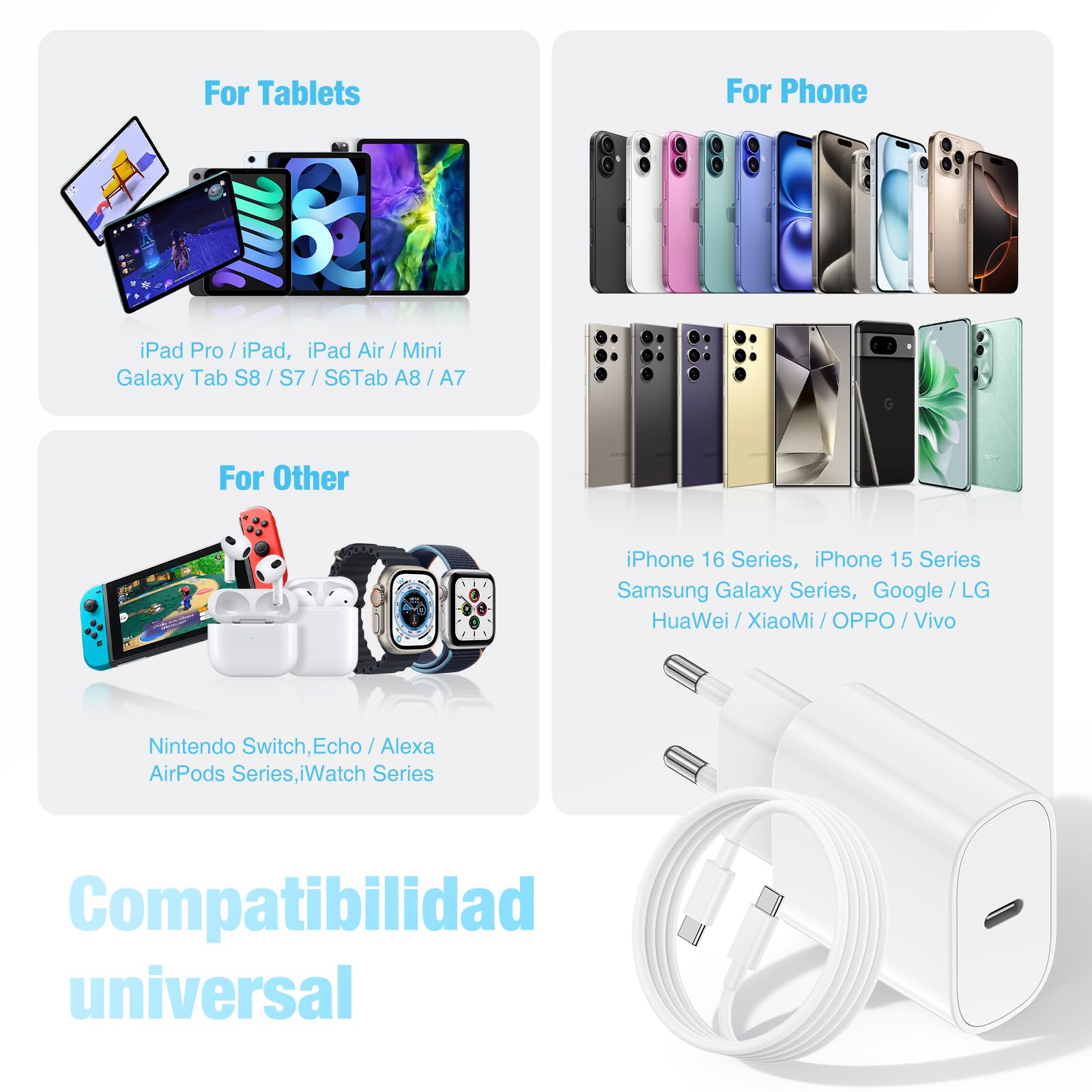 Cargador Carga Rápida USB-C para iPhone 17 16 15 & Cable de Carga Rápida 2M - Adaptador de Enchufe 20W Compatible con iPhone 16e,16/15 Plus,17 Air, 17/16/15 Pro, Pro MAX, Pad — view 7