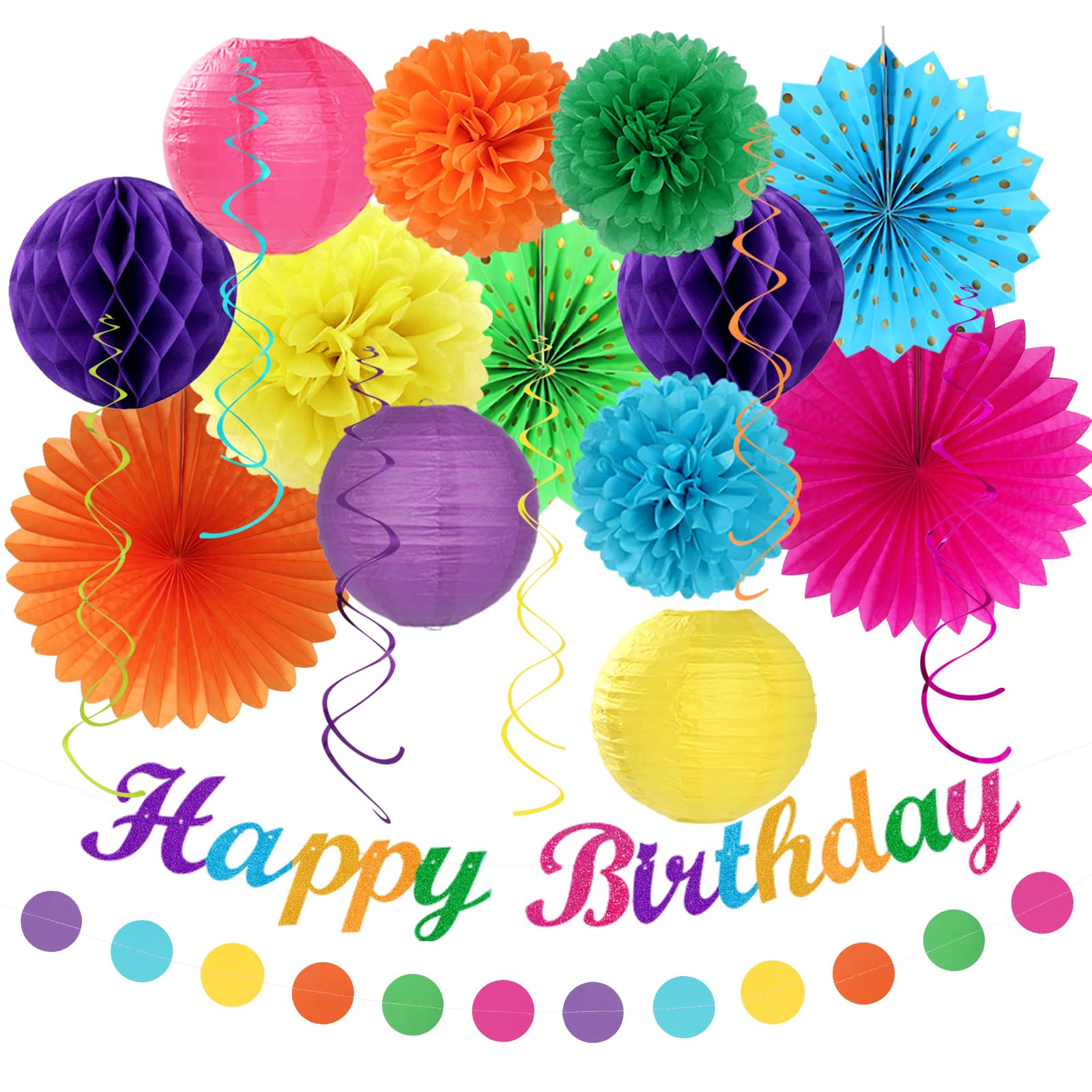 Rainbow Friends Colorful Birthday Party-decorations - 21pcs Girls Boys Happy Banner Garland, Paper Streamers Lanterns,Flower Tissue Pom Poms Fan
