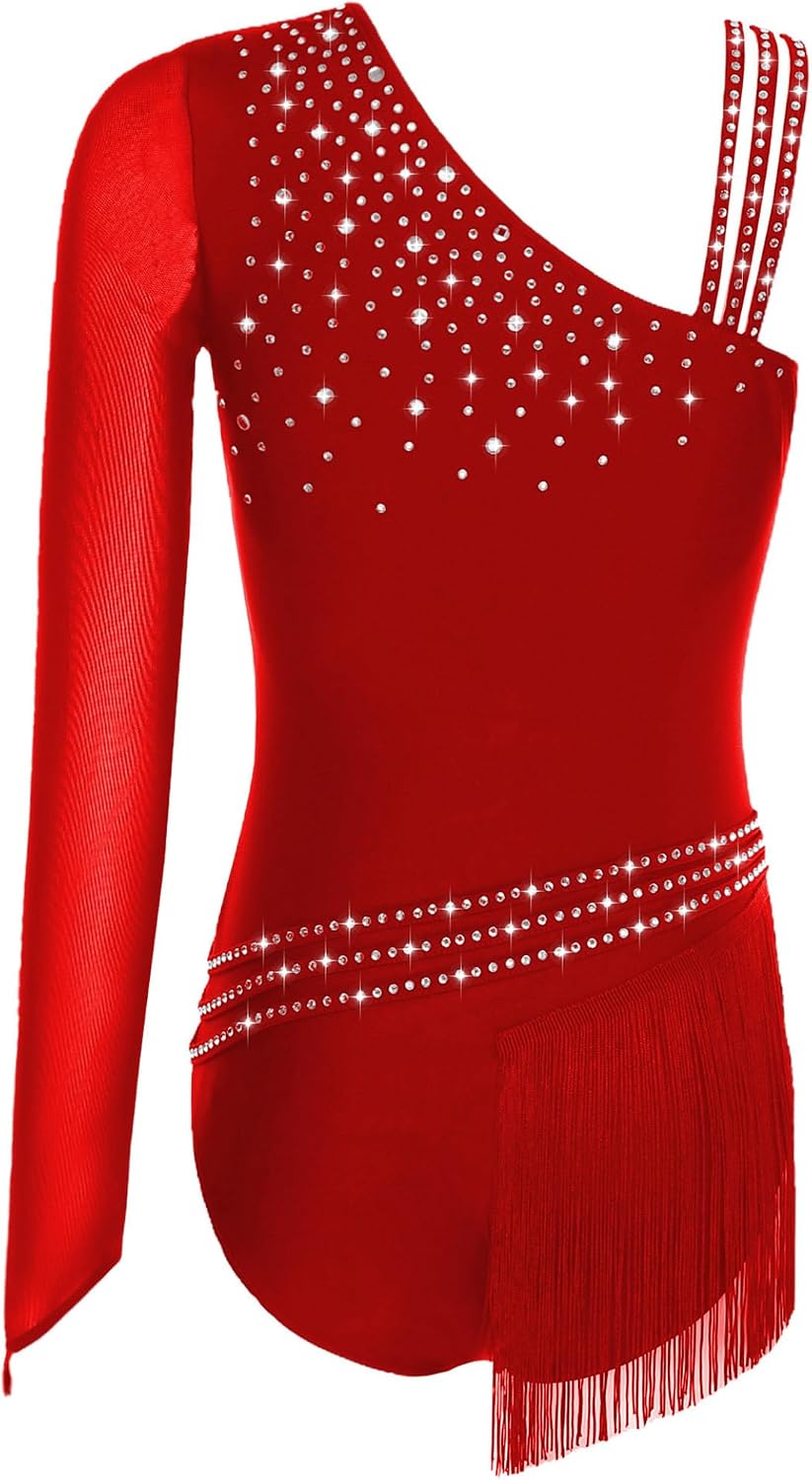 Women's Shiny Gymnastics Leotard Fringe Dance Bodysuit Skating Jumpsuit Latin Jazz Dance Costume