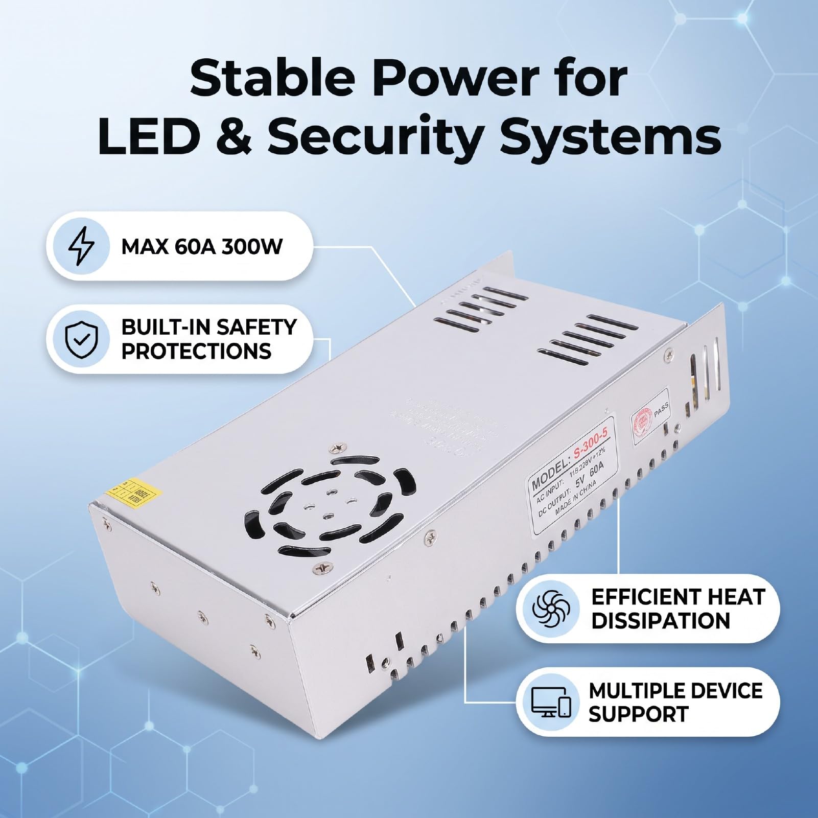 ViaGasaFamido 5V 60A Zasilacz Impulsowy 110V 220V AC do DC 300W | Adapter do Taśmy LED CCTV, Wyjście DC, Wiele zabezpieczeń, Aluminiowa Obudowa do Odprowadzania Ciepła, 24-godzinna Praca