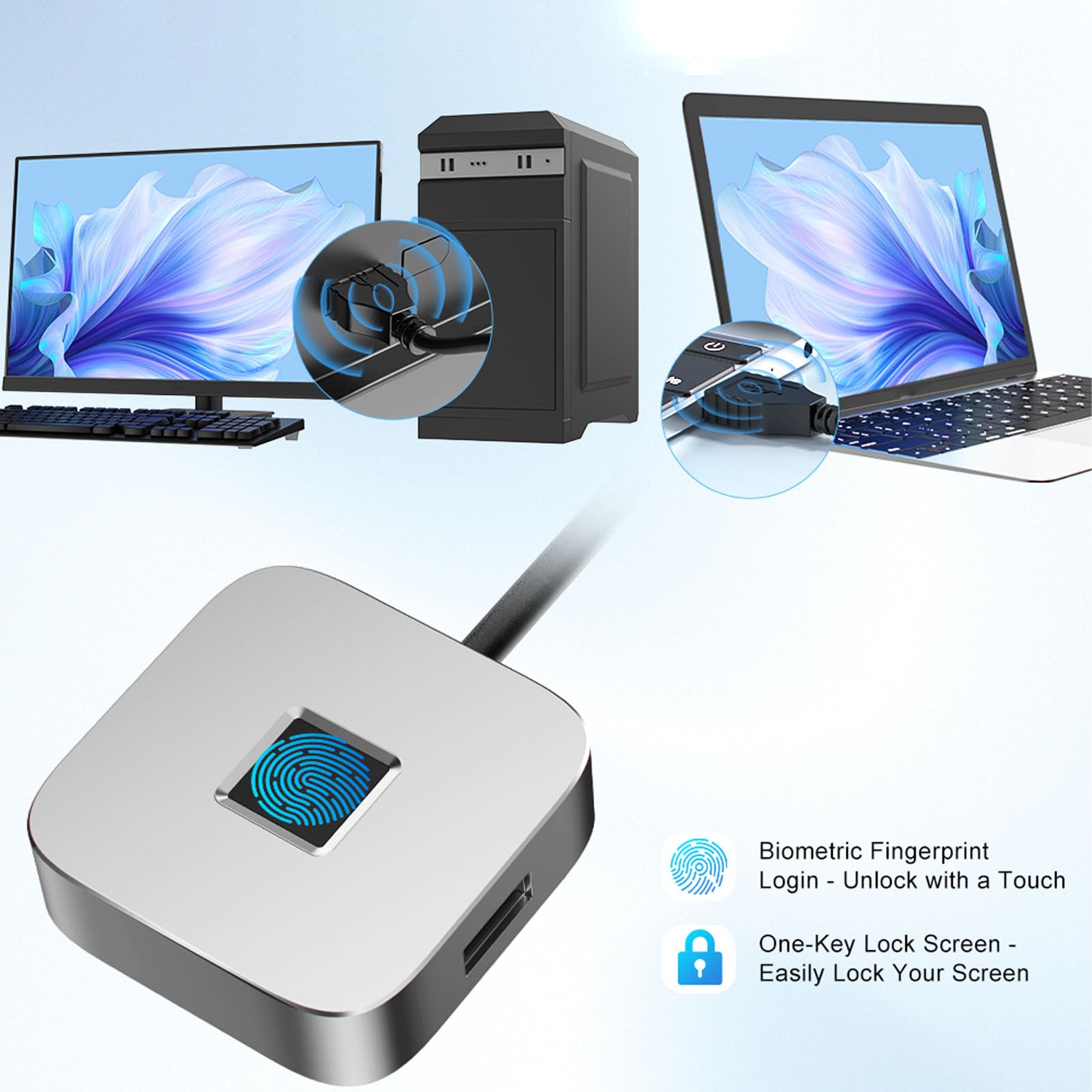 Fockety Lector de Huellas Dactilares USB, Escáner Biométrico Portátil de Huellas Dactilares, Llave de Seguridad de Coincidencia Rápida Táctil de 360 ​​Grados para Computadoras (Silver)