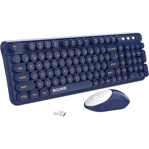 Keyboard and Mouse Wireless,Retro Typewriter Wireless Computer Keyboard Mouse Combo,Full Size 2.4G Cordless Round Keycaps Keyboard with Cute Mouse Set for PC Windows Laptop Home Office-Dark Blue