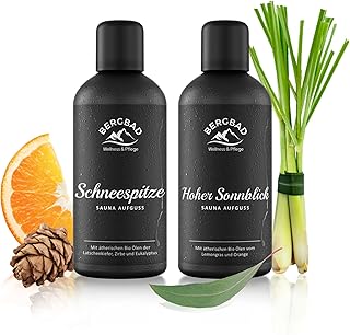 2 x 100ml PURE FRESH Set BIO Saunaaufguss Zirbe + Latschenkiefer + Eukalyptus und Lmongras + Orange - wohltuendes, erfrischendes Sauna-Aufgussmittel mit Bio-Alkohol, Wasser und 100% BIO Ölen