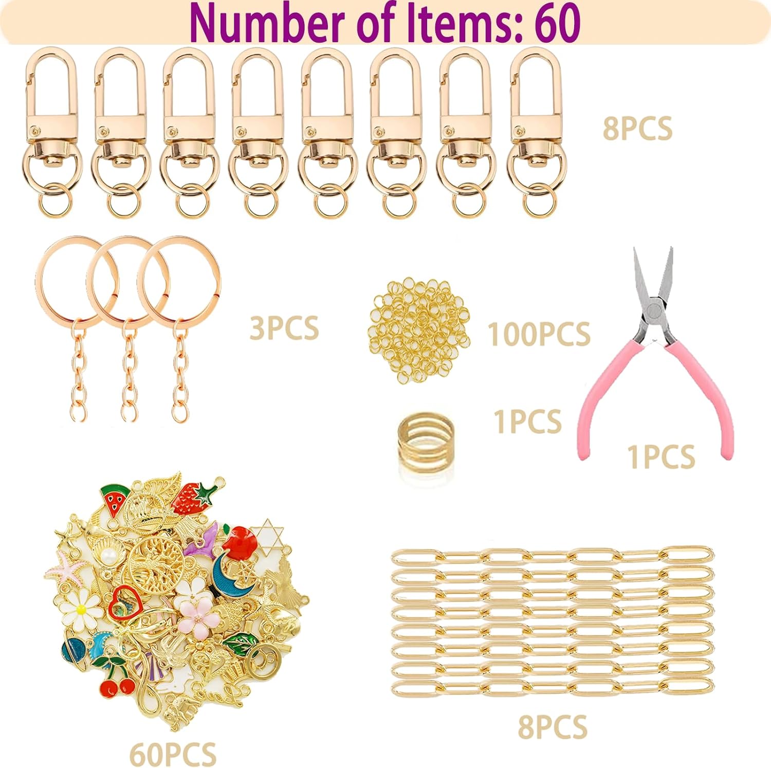 MORWLAT 281 PCS Gold DIY Keychain Making Kit Cute Bag Charm Kit 60 Charms 8 Keychain Clips with Key Ring Swivel Snap Hook Lobster Claw Clasps 200 Jump Ring Jewelry Plier DIY Set Women Craft (60) - Image 3