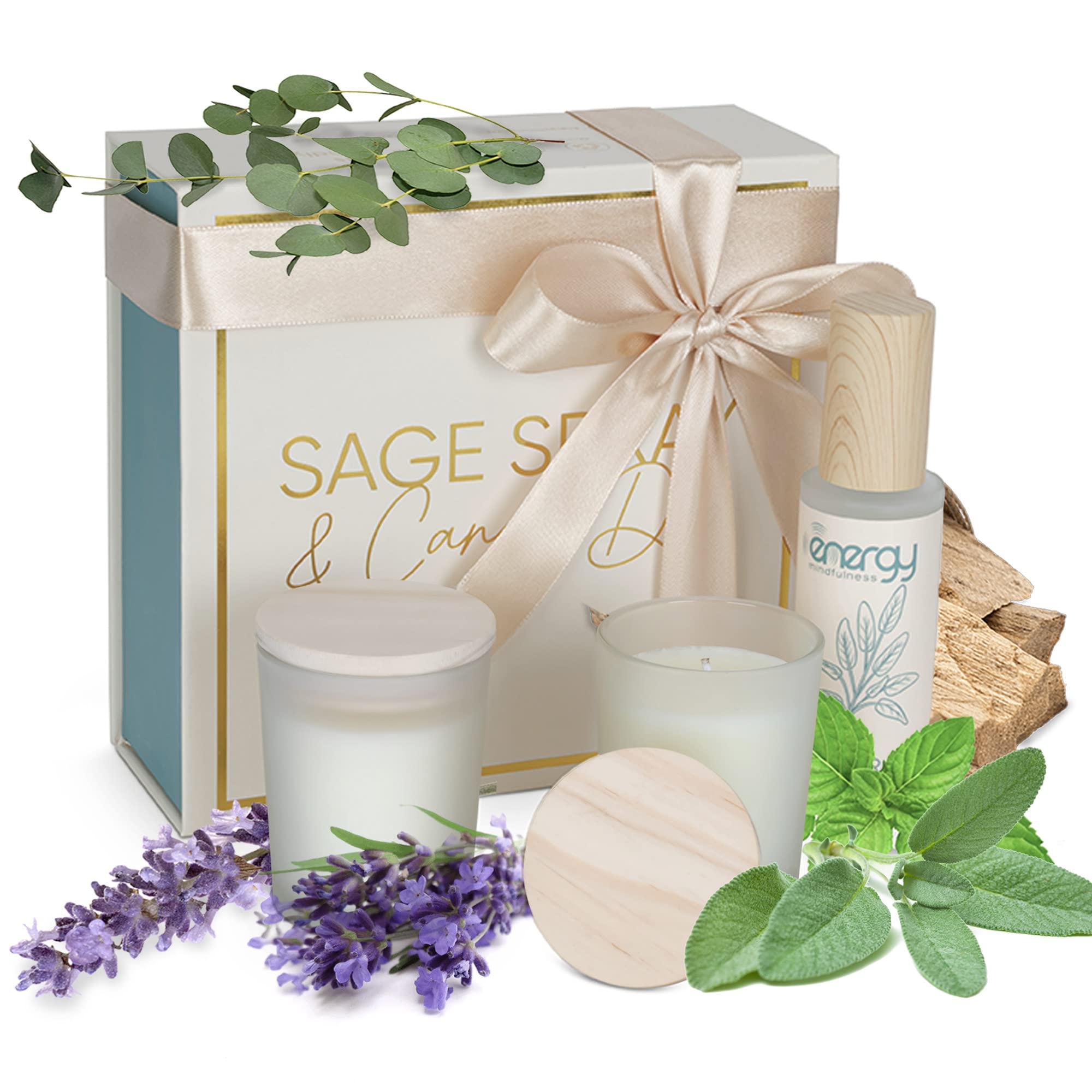 Energy Mindfulness Sage Smudge kit. Soy Wax Candles. Sage Spray for Cleansing Negative & Protection. Ideal for Meditation, Aromatherapy, Reiki. Good Vibes Candle Set.
