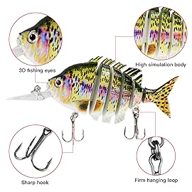 Rose Kuli Fishing Lures for Bass, 4 inch Rainbow Multi Jointed Swimbaits Slow Sinking Bionic Swimming Lures, 6 Segment Lifelike Topwater Hard Lures for Freshwater Saltwater Topwater Bass Trout