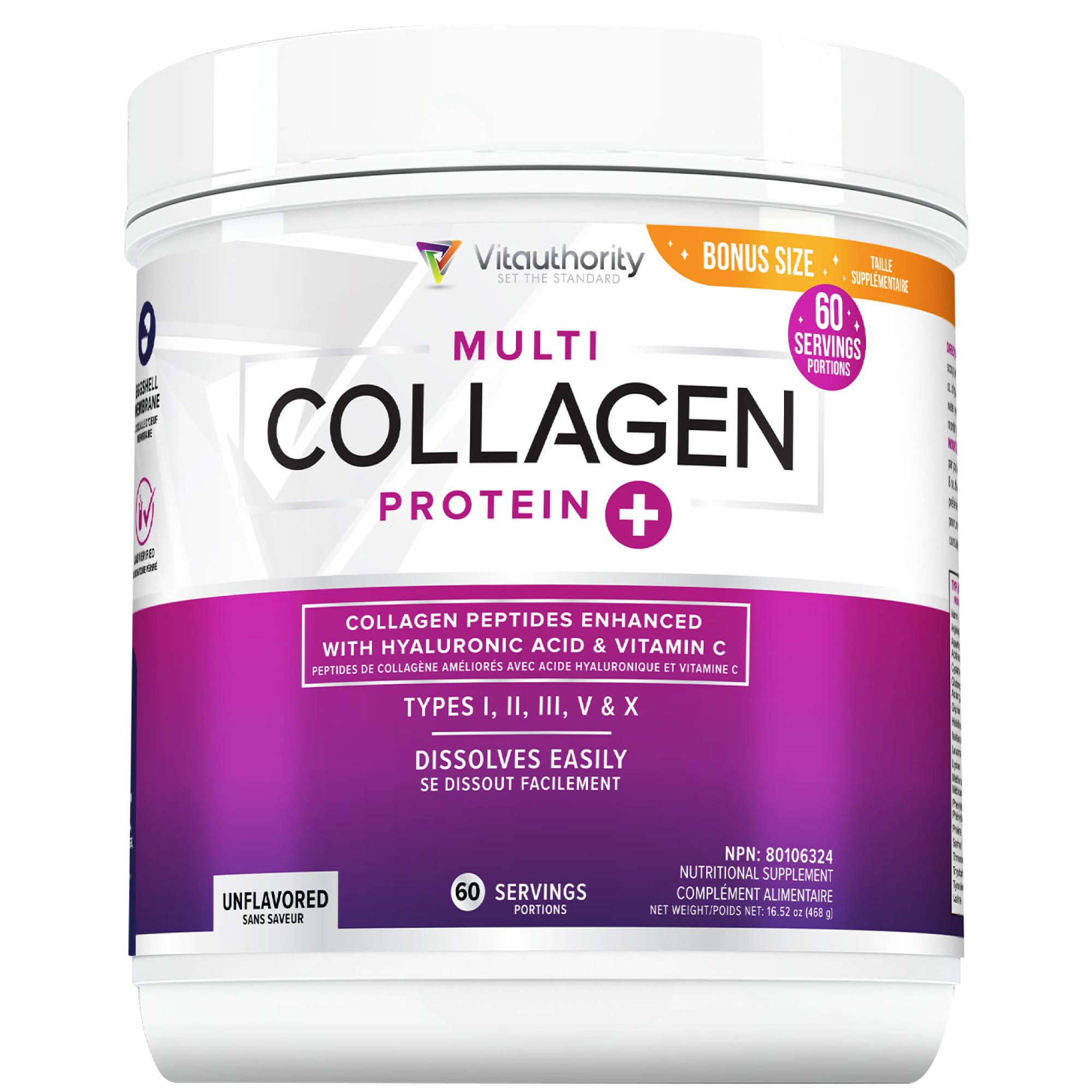 Multi Collagen Peptides Powder with Hyaluronic Acid & Vitamin C, Hydrolyzed Collagen Powder, Types I, II, III, V and X, Unflavored & Quick Dissolving, Paleo & Keto Friendly, Non-GMO, 60 Servings