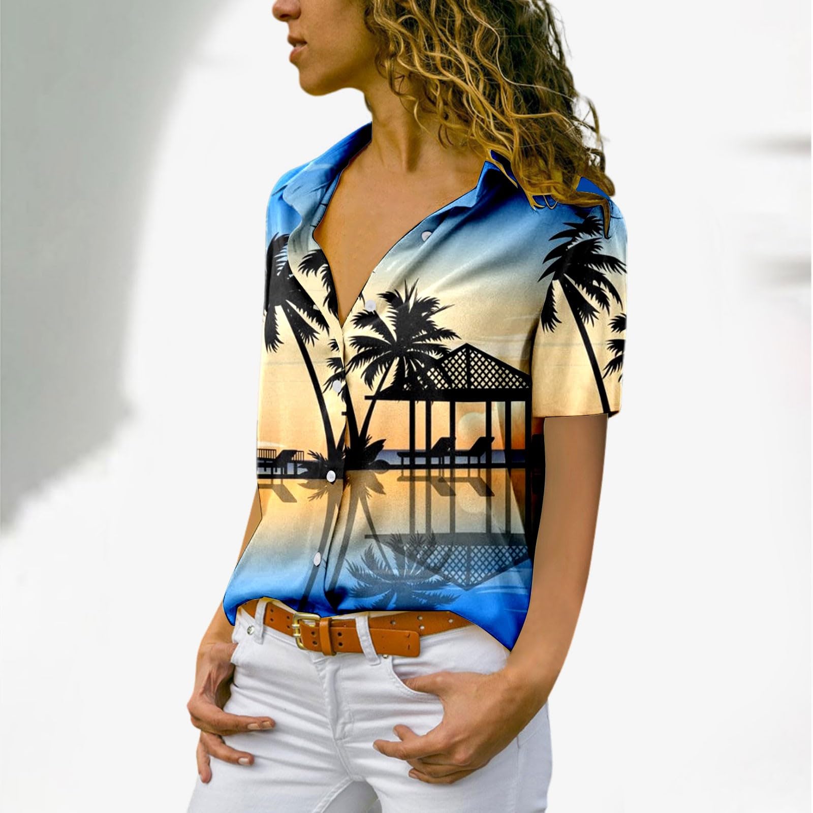 Damen-Hemd, Hawaii-Palme, tropische Karibik, Strand, Sommer, Hemd, Outfits, Knopfleiste, kurzärmelig, Revers, lässig, Golfkleidung, Grafik, Cruise, Bowling-Shirt, trendig, lustiges 80er-Jahre-Shirt