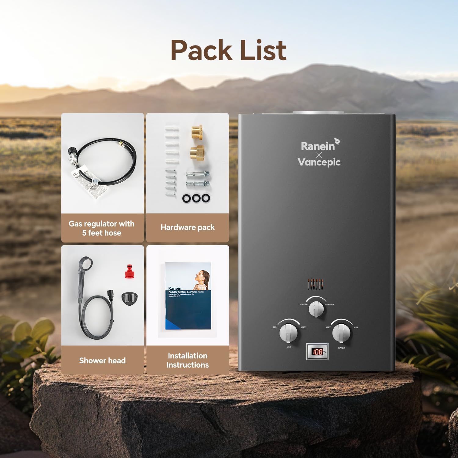 Ranein × Vancepic 2.11 GPM Portable Propane Water Heater, 48000 BTU 8L Tankless Water Heater Gas for Outdoor Camping RV Shower