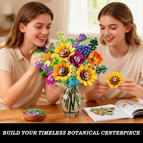 Miniatura 6 de Juego de construcción de ramo de flores silvestres con luces, colección botánica de 18 flores, bloques de construcción, girasol, rosa, caléndula,