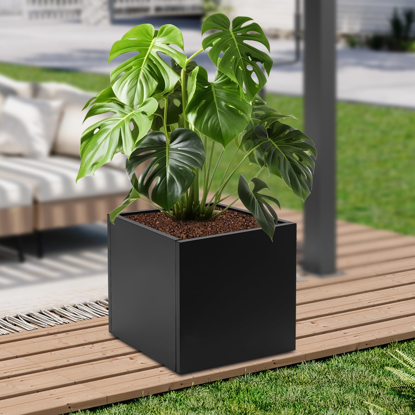 Grand pot de fleurs extérieur – 60 x 60 x 60 cm – Pot de fleurs en acier – Pour l'intérieur et l'extérieur – Jardinière pour jardins, entrées, terrasses et cours, noir