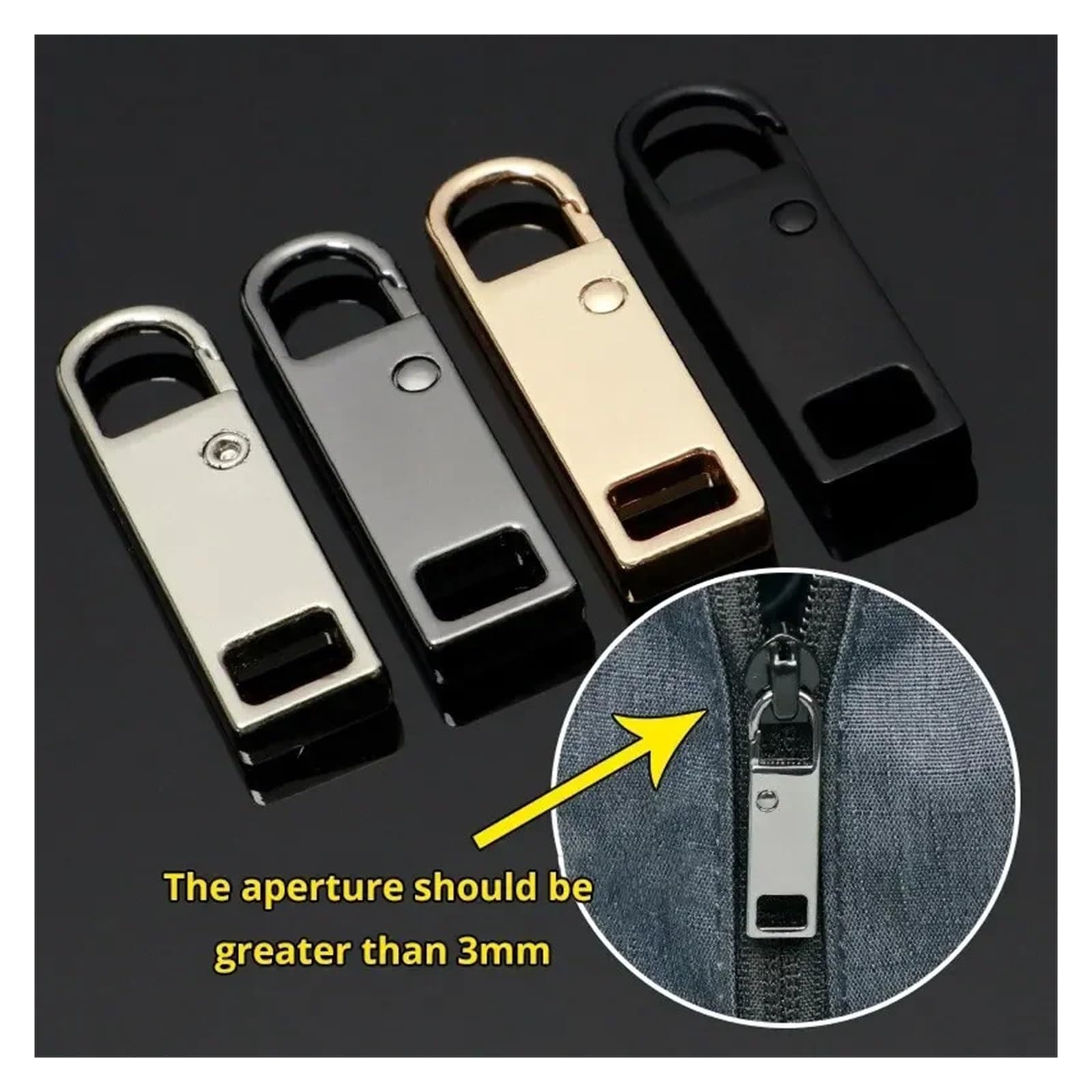 Recambios para tiradores de cremallera, Paquete de 4 deslizadores cabeza cremallera extraíbles metal for bolsos y repuestos ropa, multicolor(Golden-4pcs)