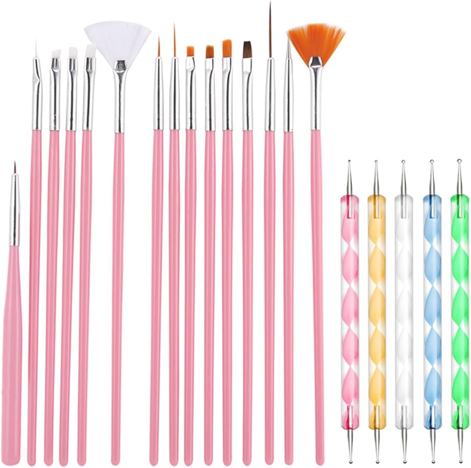 20 Pennelli per Unghie, Pennello per Gel con Punta Dotting, Pennello per Costruzione Gel UV, Pennello Sottile per Unghie Acrilico per Design Nail Art Fai-da-Te - Rosa