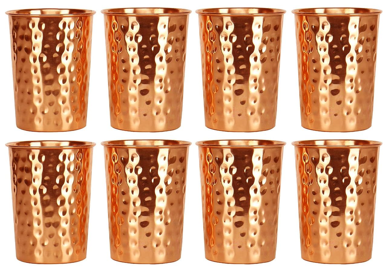 Verres indiens en cuivre pur martelé lot de 8 pour l'ayurvéda